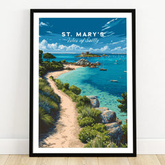 St Mary's Isles of Scilly Bay Travel Poster — art print in black frame on wooden floor