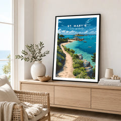 St Mary's Isles of Scilly Bay Travel Poster — framed artwork living room lifestyle setting