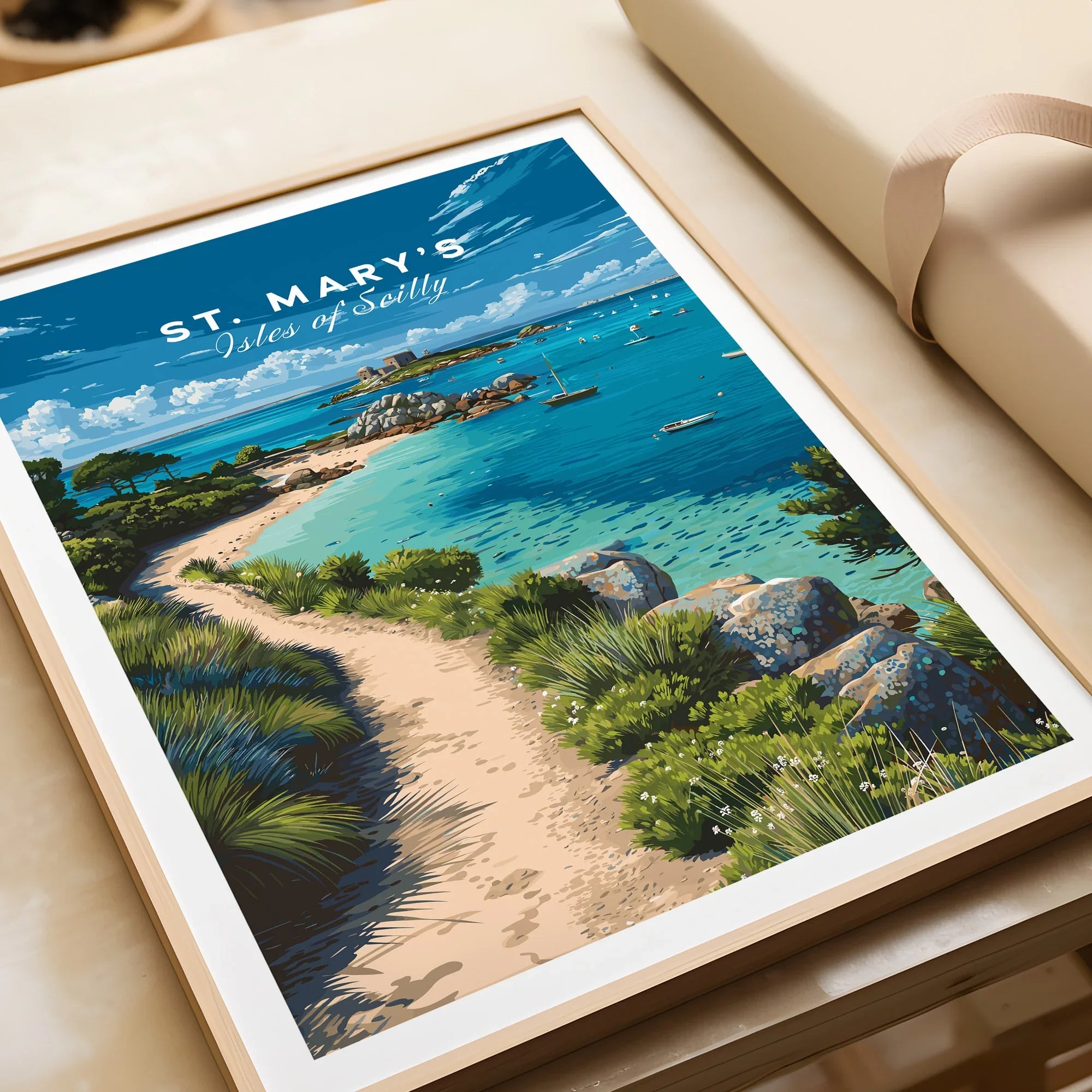 St Mary's Isles of Scilly Bay Travel Poster — framed art print closeup gift unwrapped natural frame