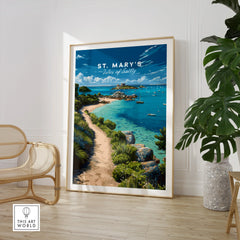 St Mary's Isles of Scilly Bay Travel Poster — large framed print room setting chair plant