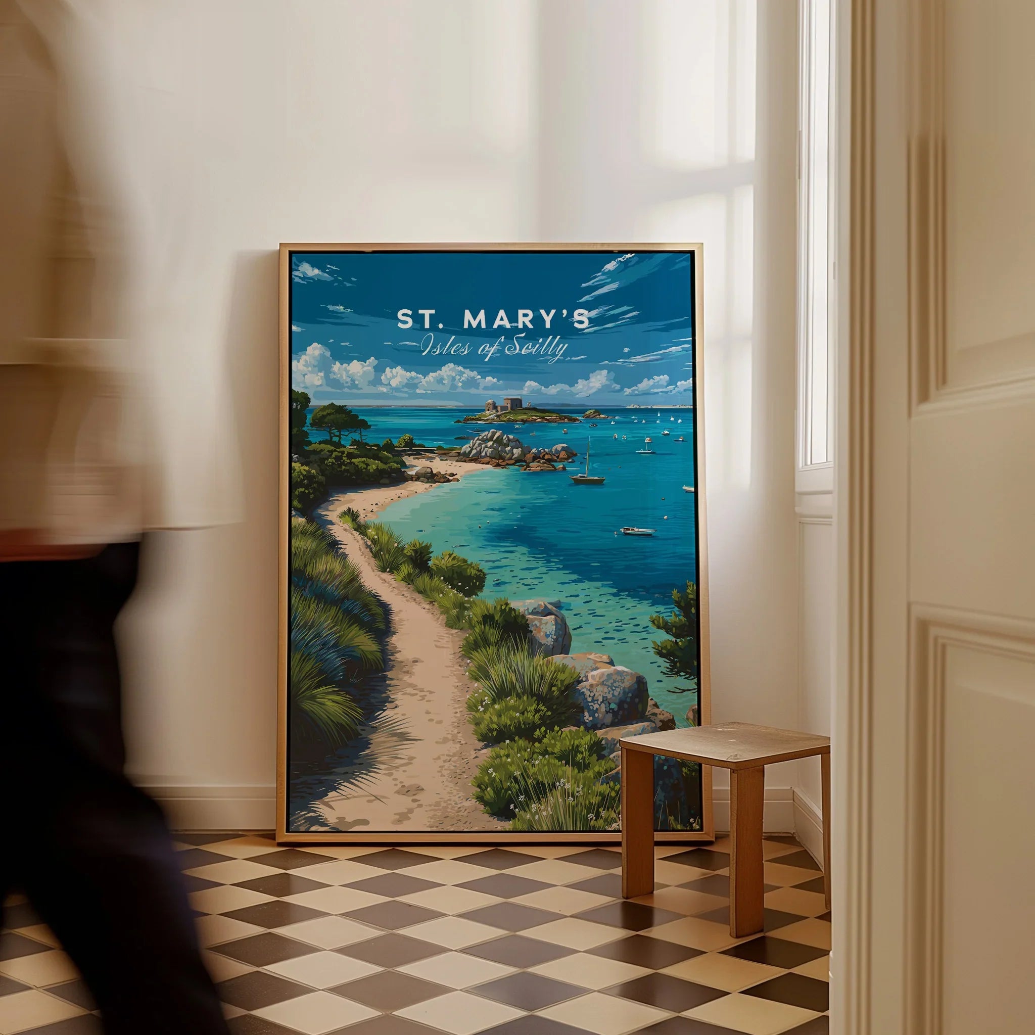 St Mary's Isles of Scilly Bay Travel Poster — framed canvas on floor man walking past