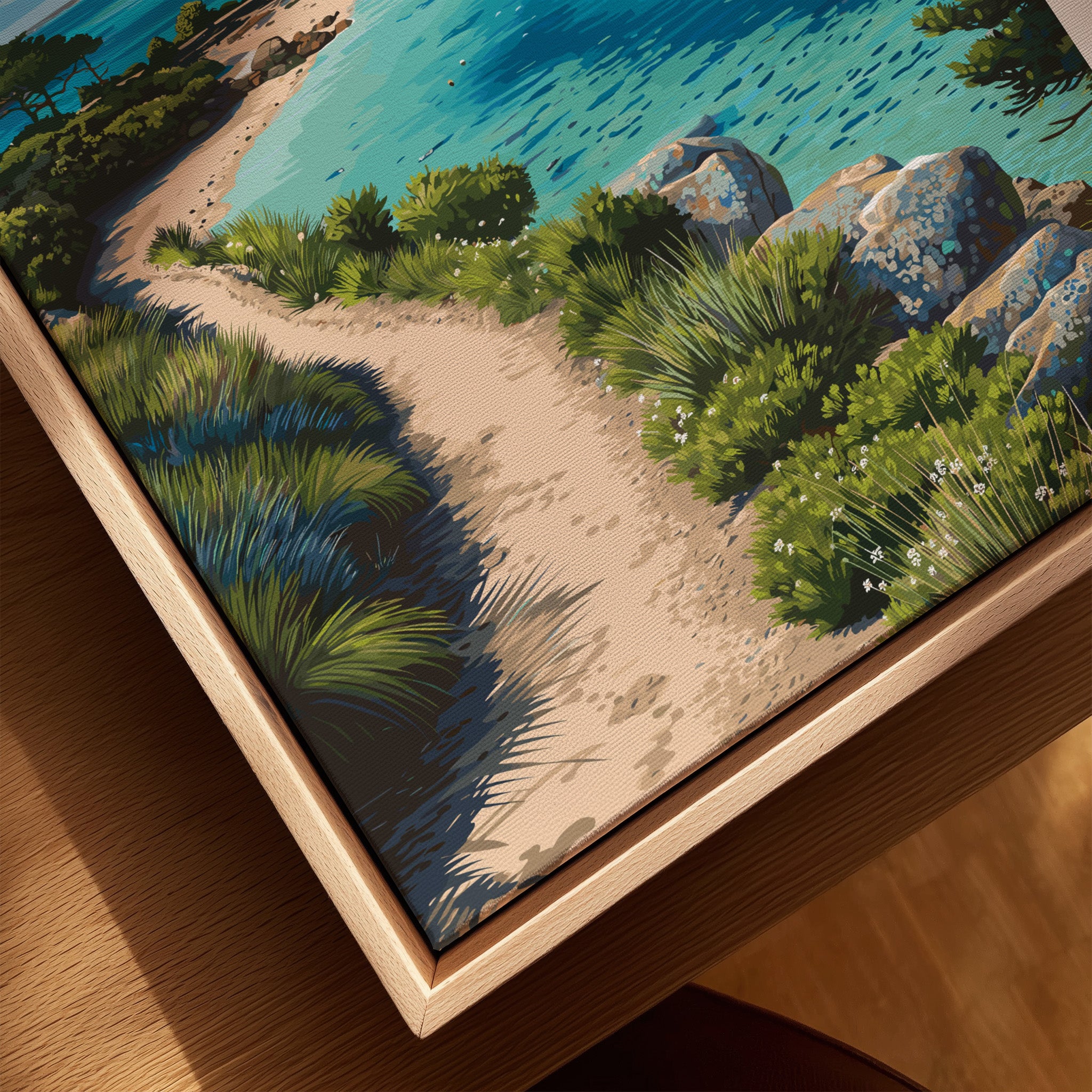 St Mary's Isles of Scilly Bay Travel Poster — closeup framed canvas natural wood floating frame
