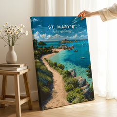 St Mary's Isles of Scilly Bay Travel Poster — canvas print mirror edge hand holding room setting
