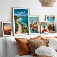 St Mary's Isles of Scilly Bay Travel Poster — set five framed artprints above bed natural wood frames