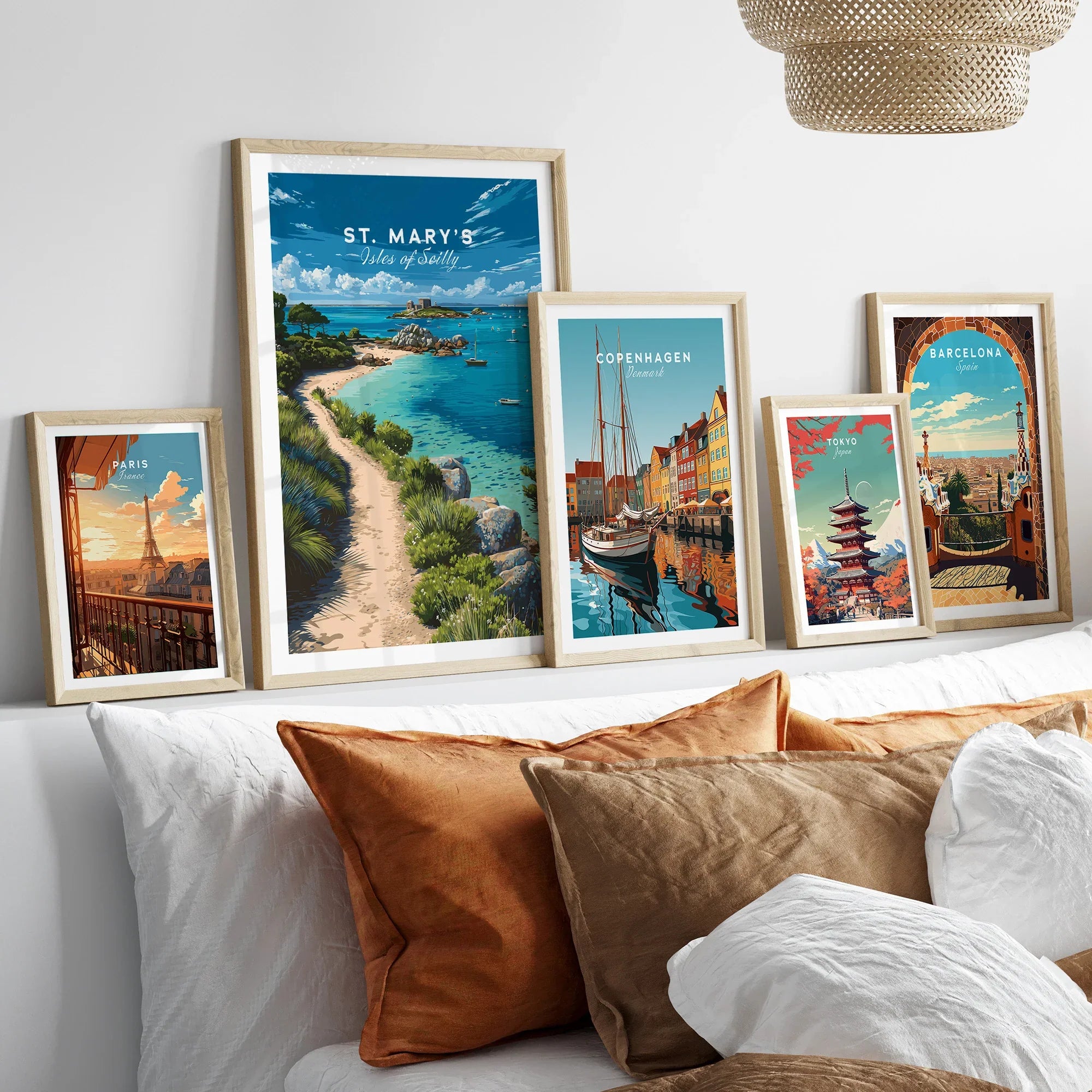 St Mary's Isles of Scilly Bay Travel Poster — set five framed artprints above bed natural wood frames