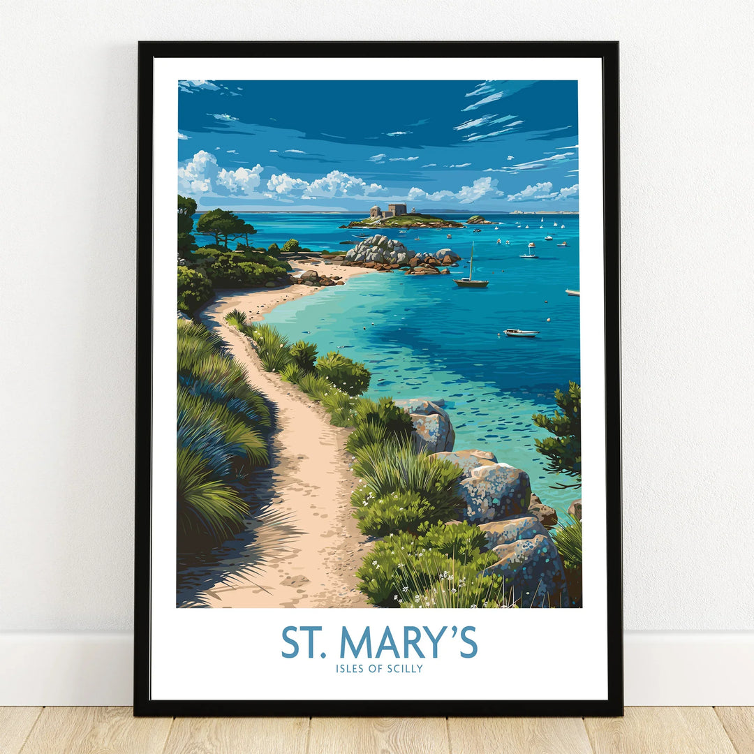 St Mary's Isles of Scilly Cove Wall Art — art print in black frame on wooden floor