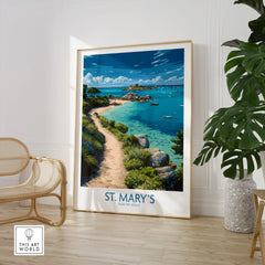 St Mary's Isles of Scilly Cove Wall Art — large framed print room setting chair plant