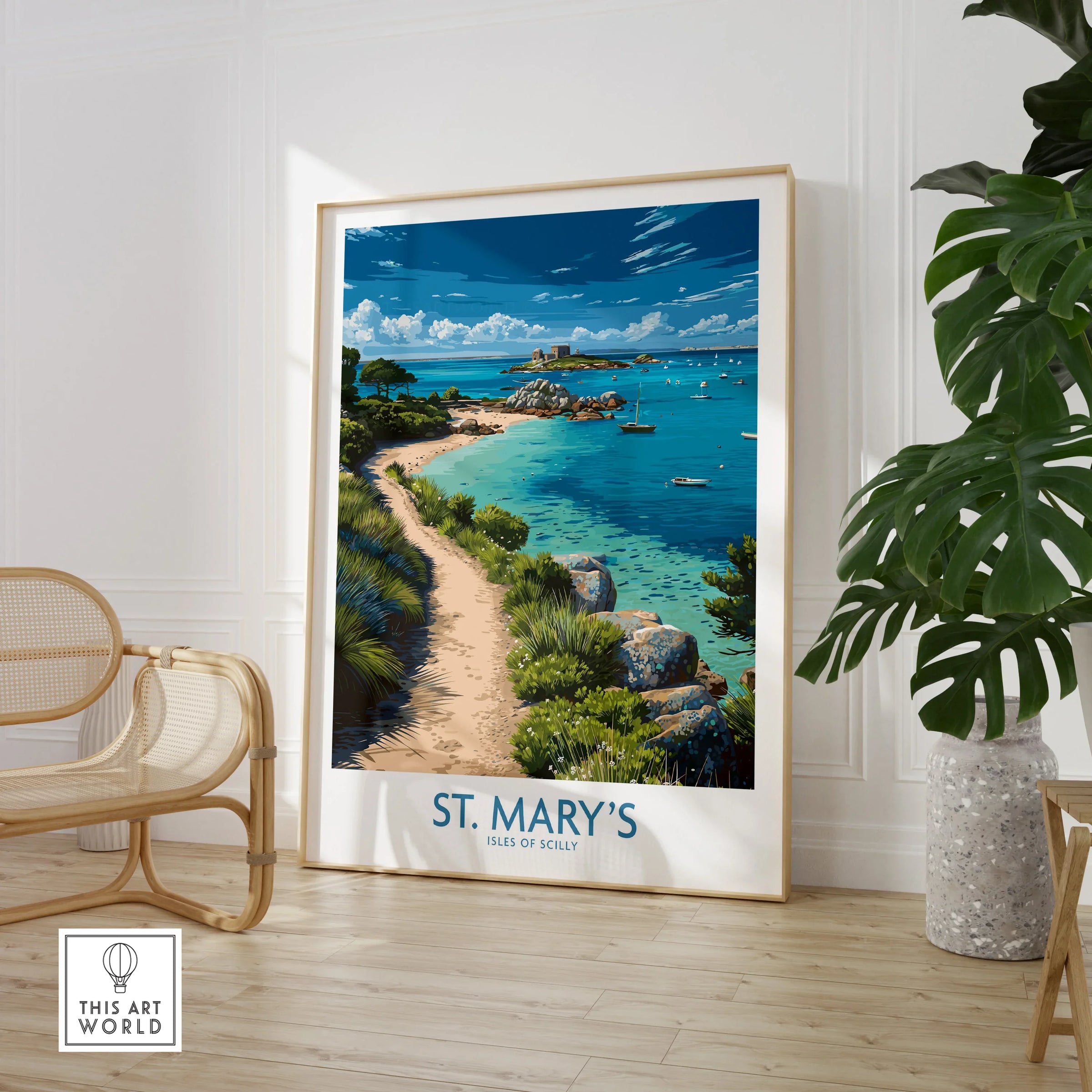St Mary's Isles of Scilly Cove Wall Art — large framed print room setting chair plant