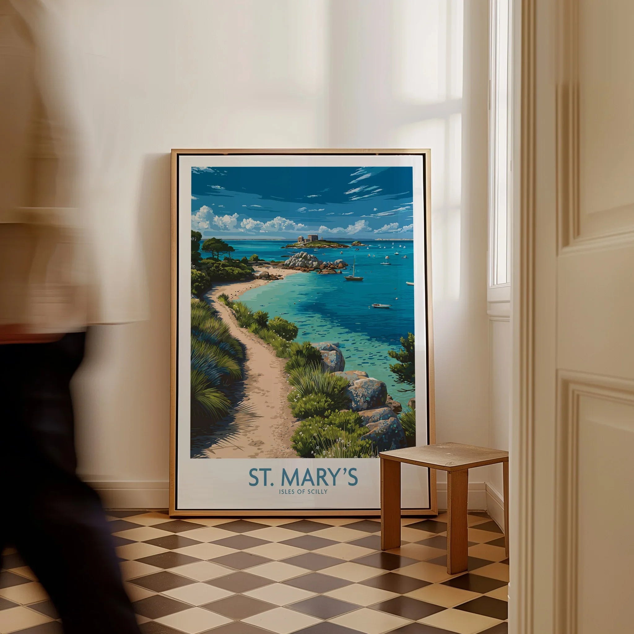 St Mary's Isles of Scilly Cove Wall Art — framed canvas on floor man walking past