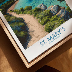 St Mary's Isles of Scilly Cove Wall Art — closeup framed canvas natural wood floating frame