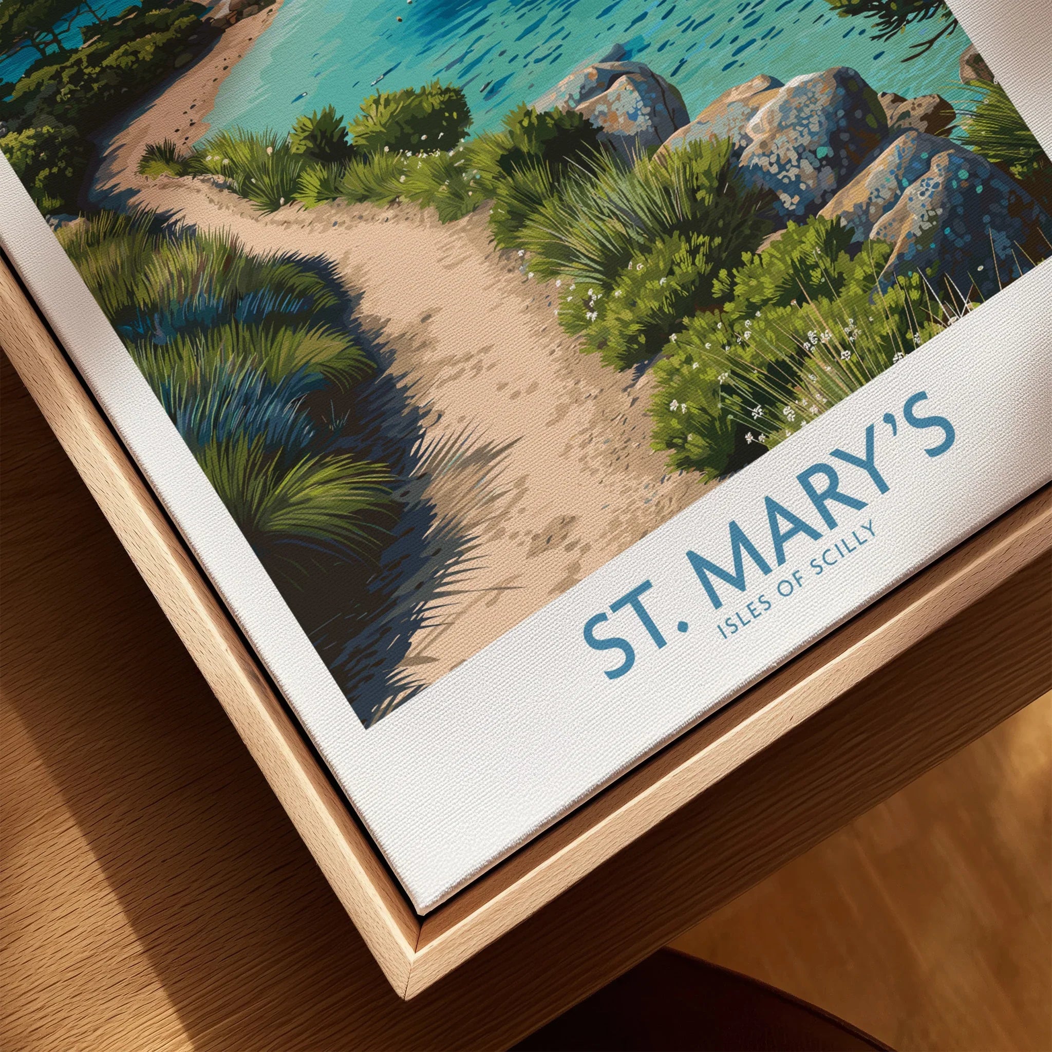 St Mary's Isles of Scilly Cove Wall Art — closeup framed canvas natural wood floating frame