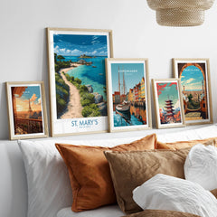 St Mary's Isles of Scilly Cove Wall Art — set five framed artprints above bed natural wood frames