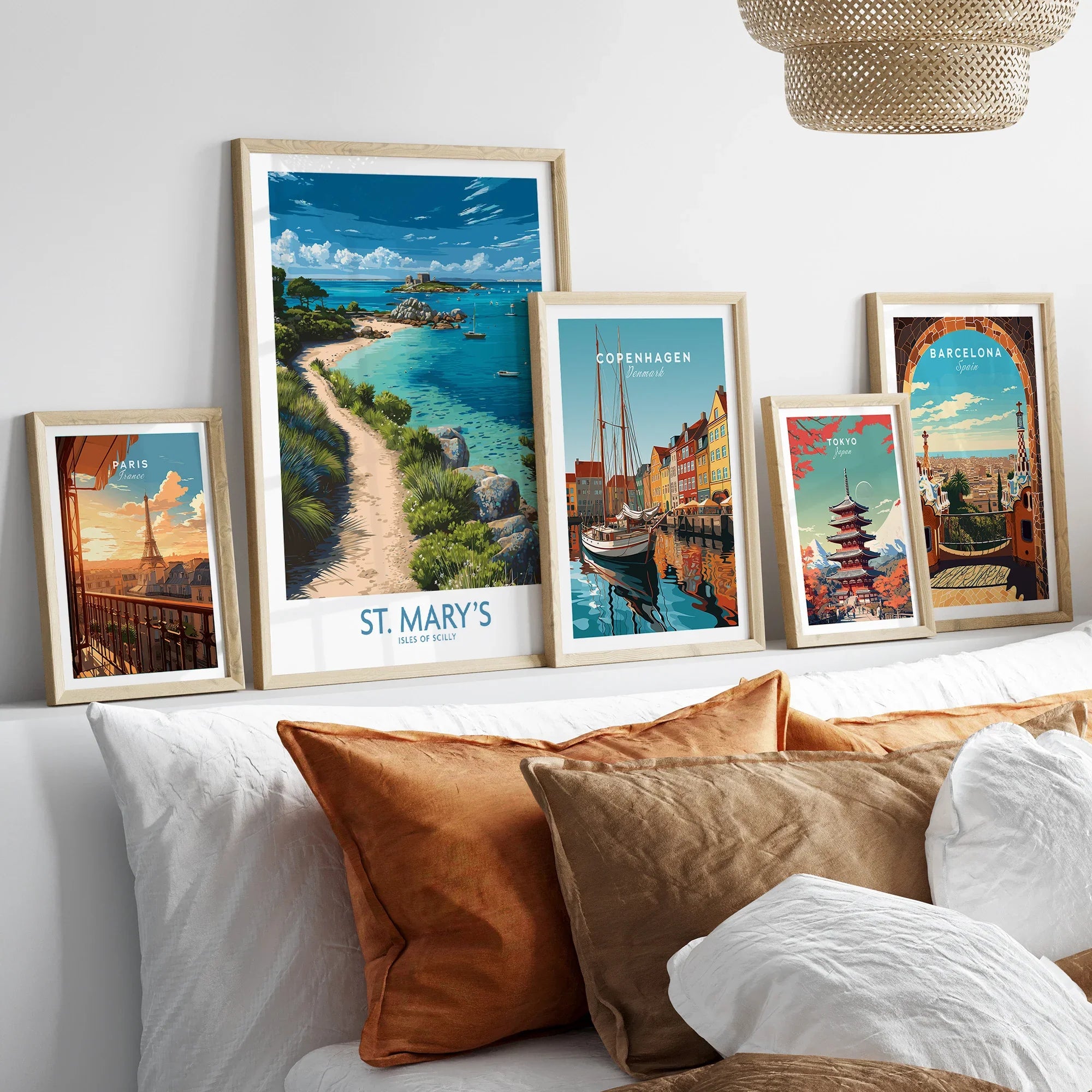 St Mary's Isles of Scilly Cove Wall Art — set five framed artprints above bed natural wood frames