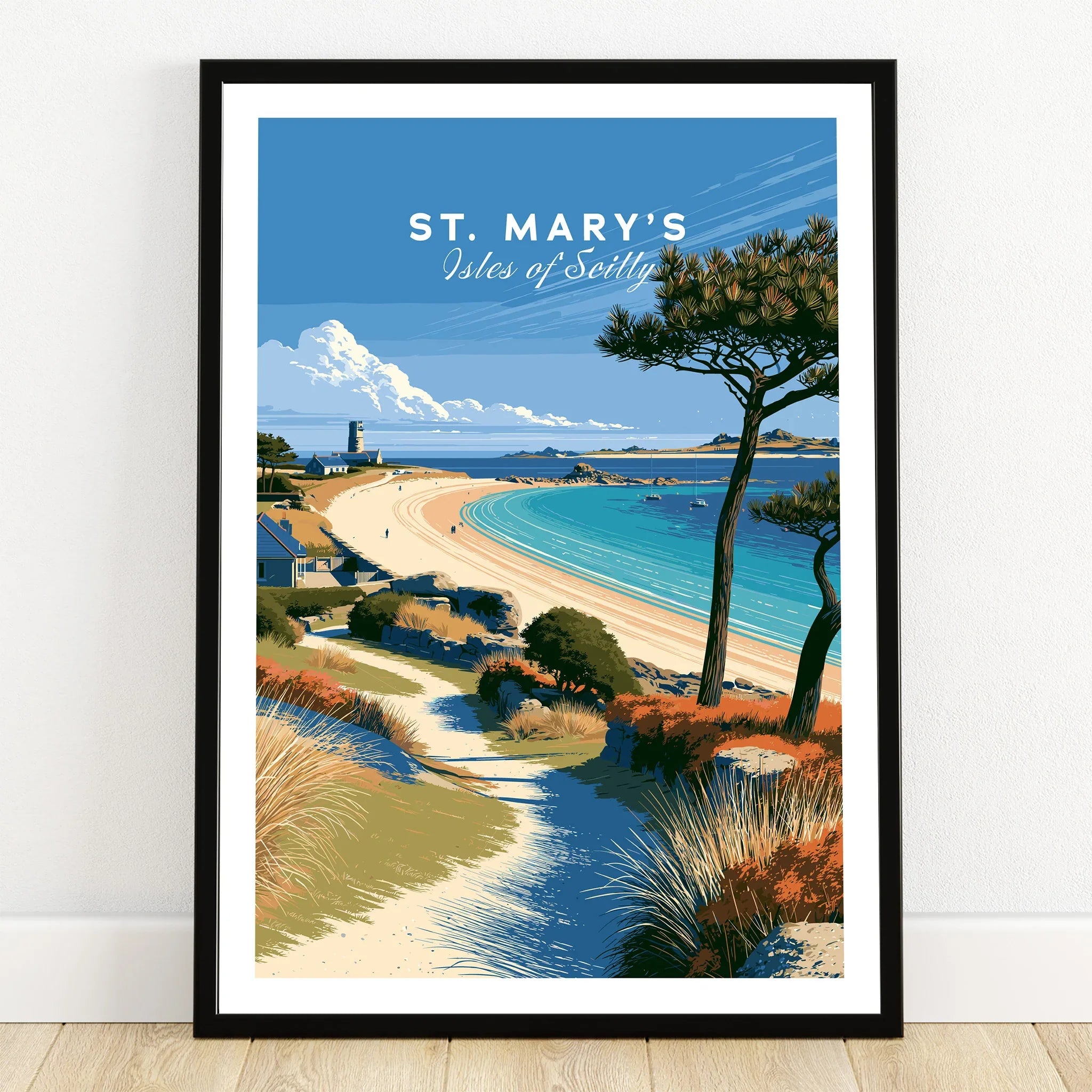 St Mary's Isles of Scilly Beach Travel Poster — art print in black frame on wooden floor