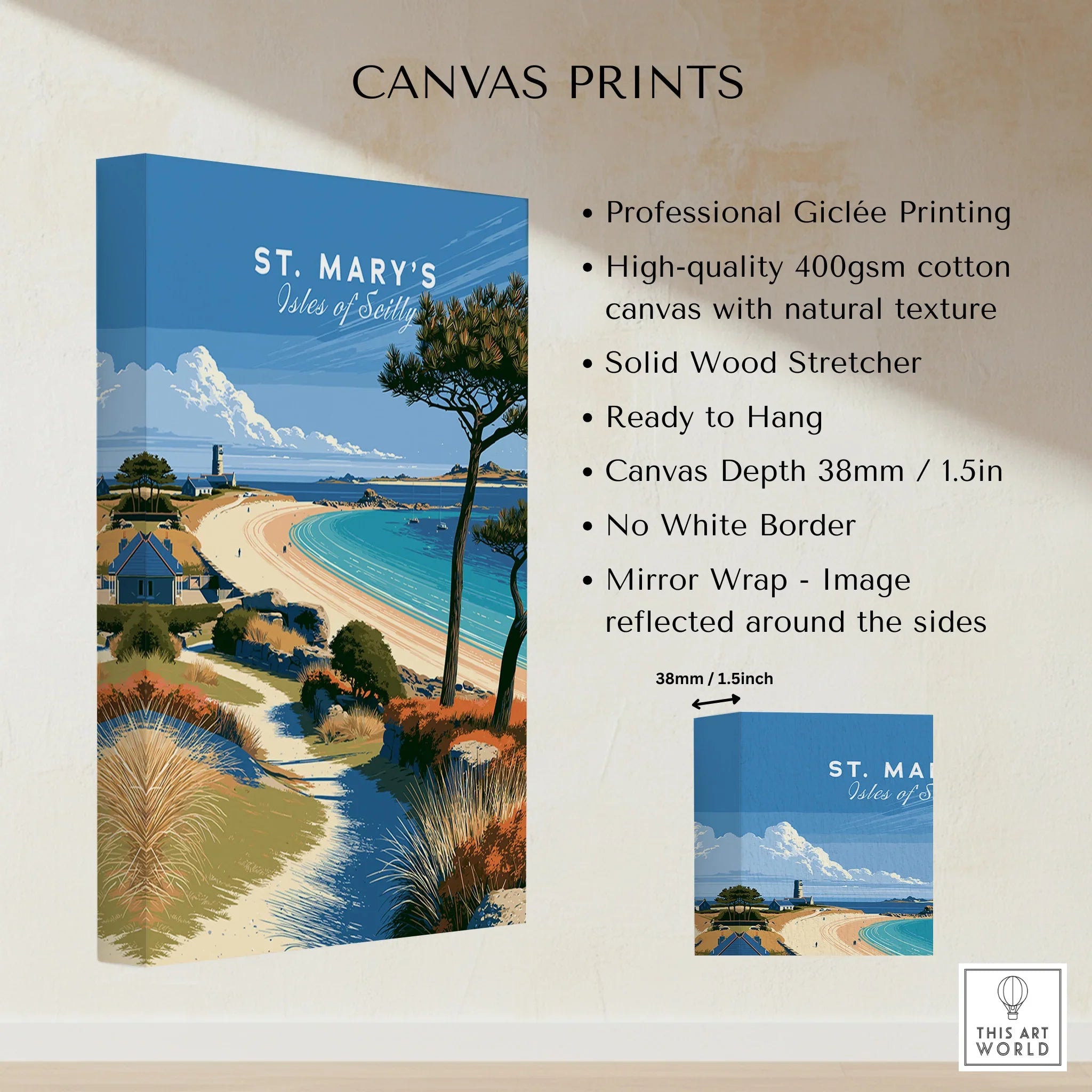 St Mary's Isles of Scilly Beach Travel Poster — canvas print stretched cotton canvas details