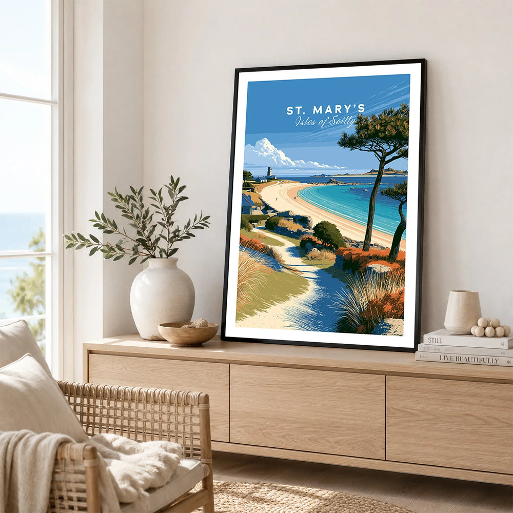 St Mary's Isles of Scilly Beach Travel Poster — framed artwork living room lifestyle setting