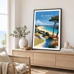 St Mary's Isles of Scilly Beach Travel Poster — framed artwork living room lifestyle setting