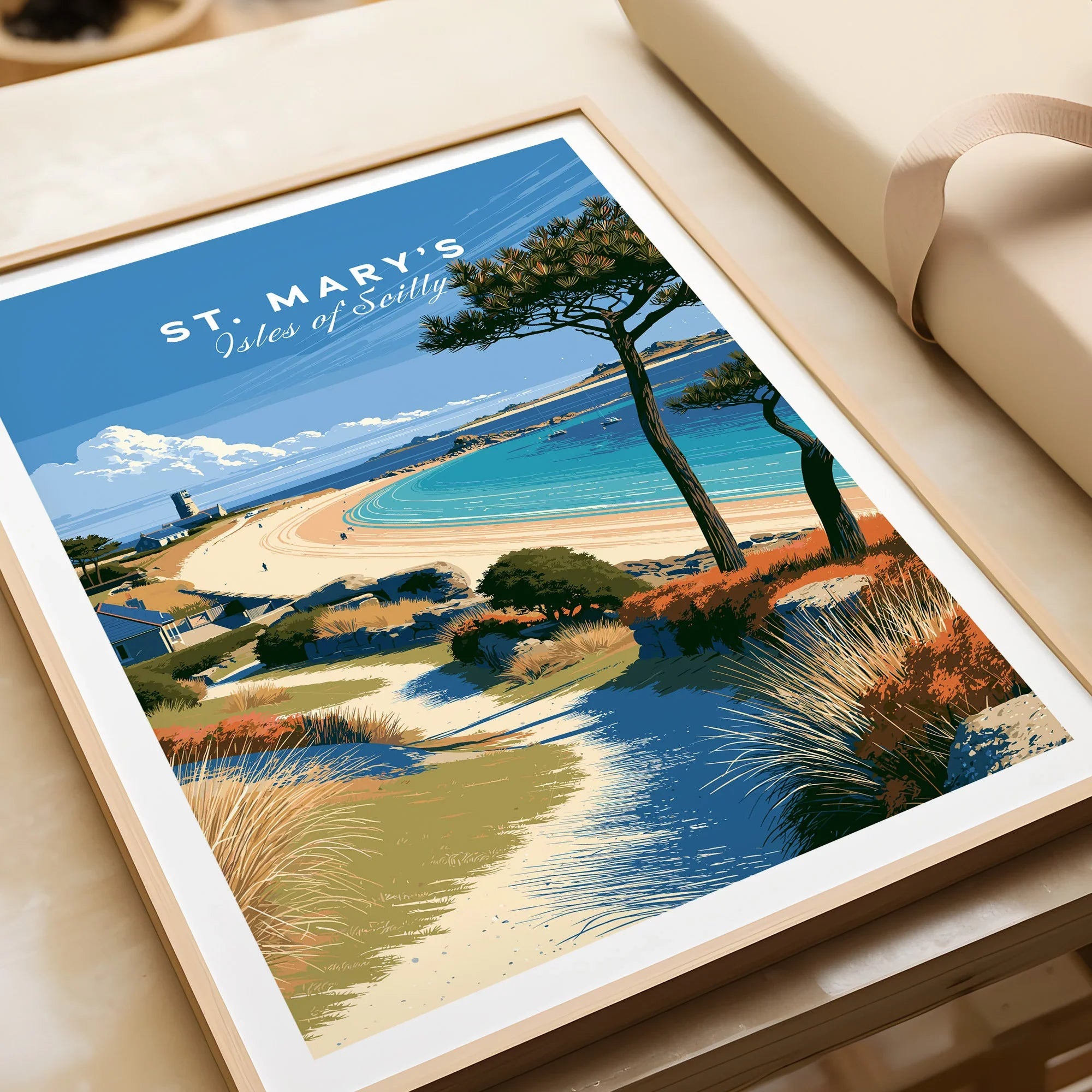 St Mary's Isles of Scilly Beach Travel Poster — framed art print closeup gift unwrapped natural frame