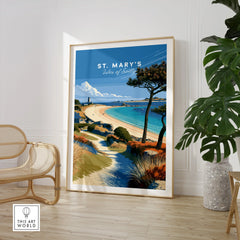 St Mary's Isles of Scilly Beach Travel Poster — large framed print room setting chair plant