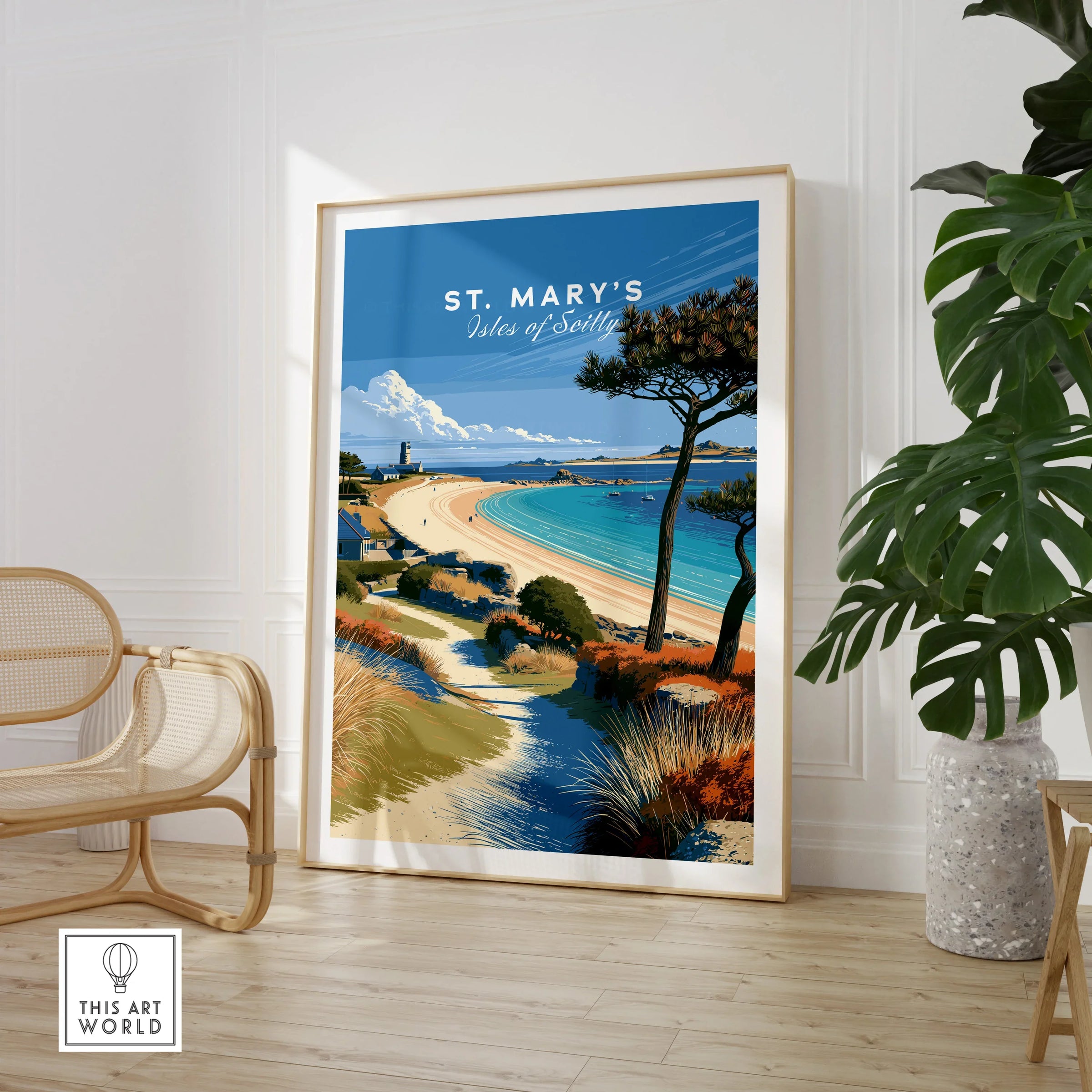 St Mary's Isles of Scilly Beach Travel Poster — large framed print room setting chair plant