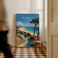 St Mary's Isles of Scilly Beach Travel Poster — framed canvas on floor man walking past