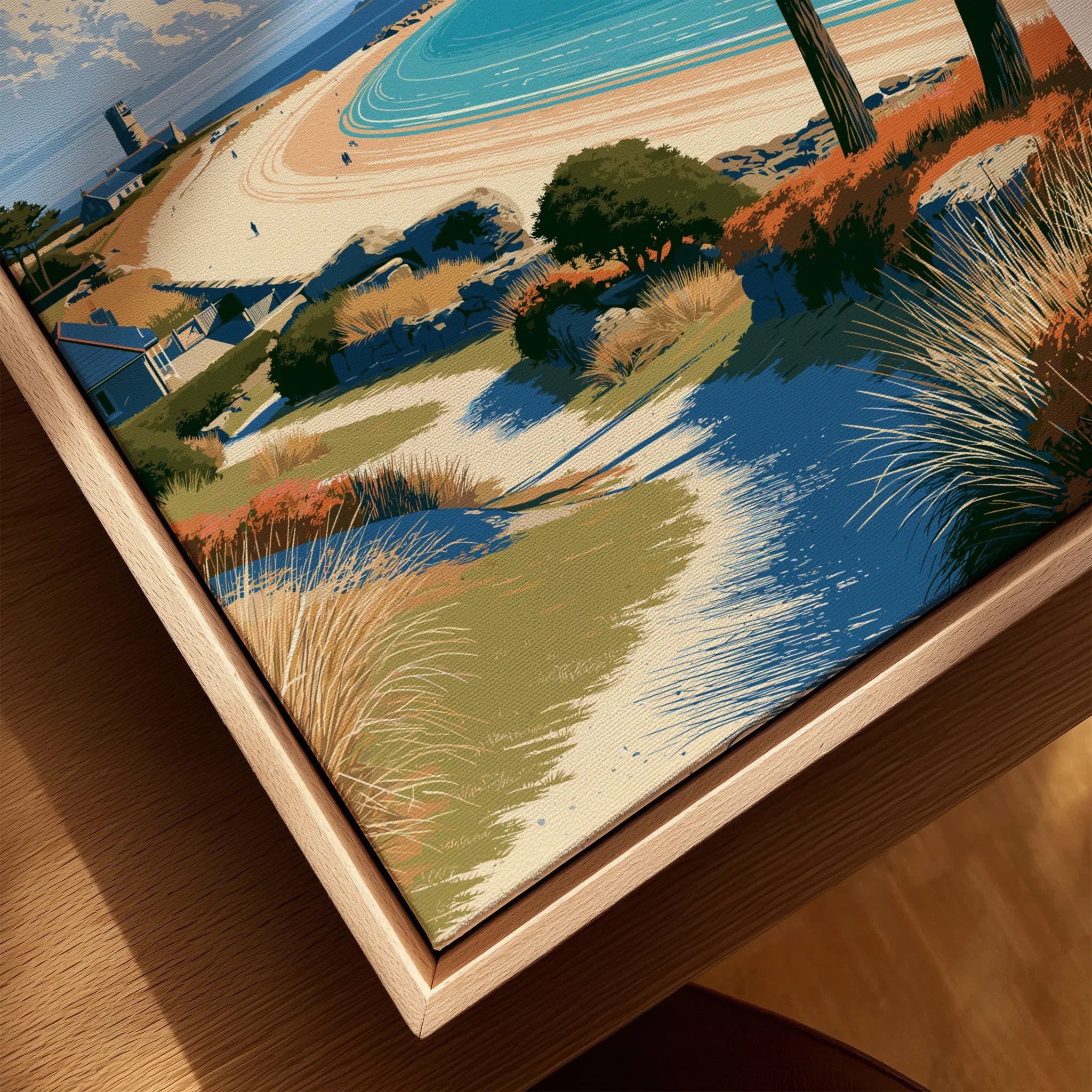 St Mary's Isles of Scilly Beach Travel Poster — closeup framed canvas natural wood floating frame