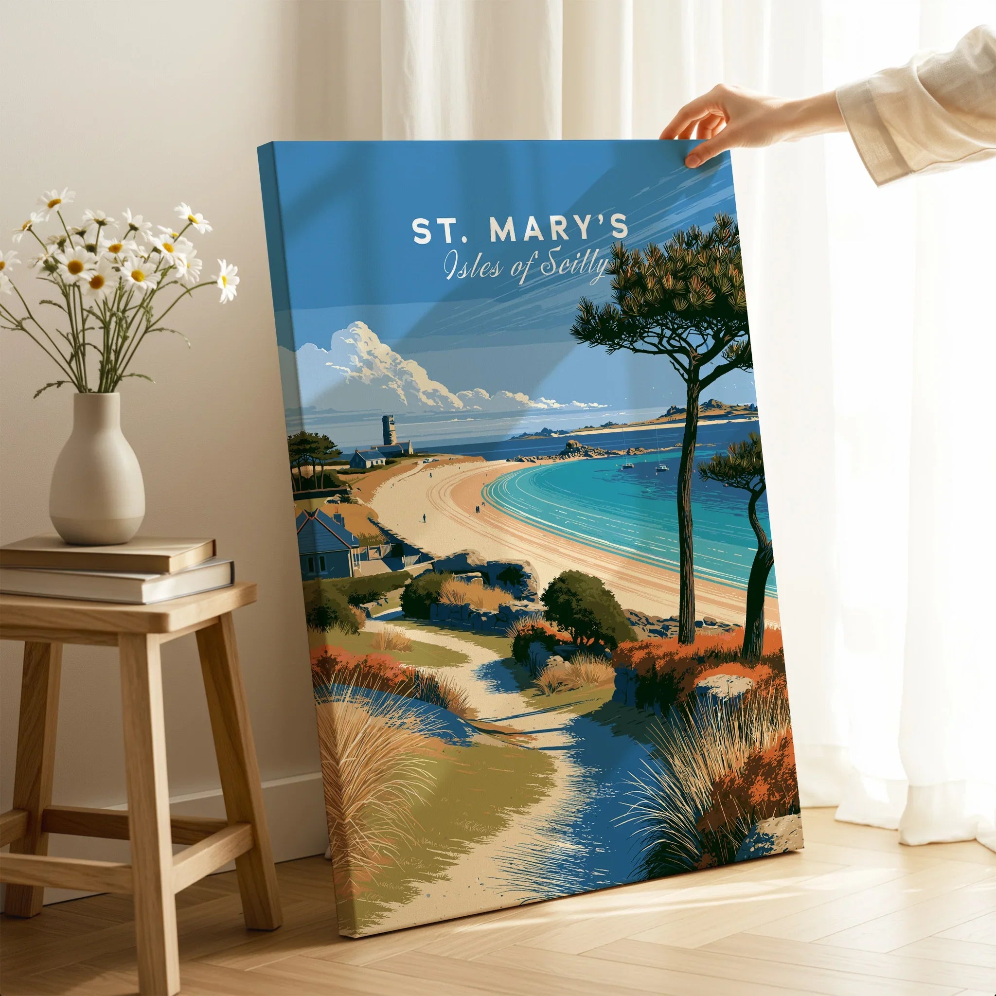 St Mary's Isles of Scilly Beach Travel Poster — canvas print mirror edge hand holding room setting