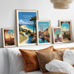 St Mary's Isles of Scilly Beach Travel Poster — set five framed artprints above bed natural wood frames