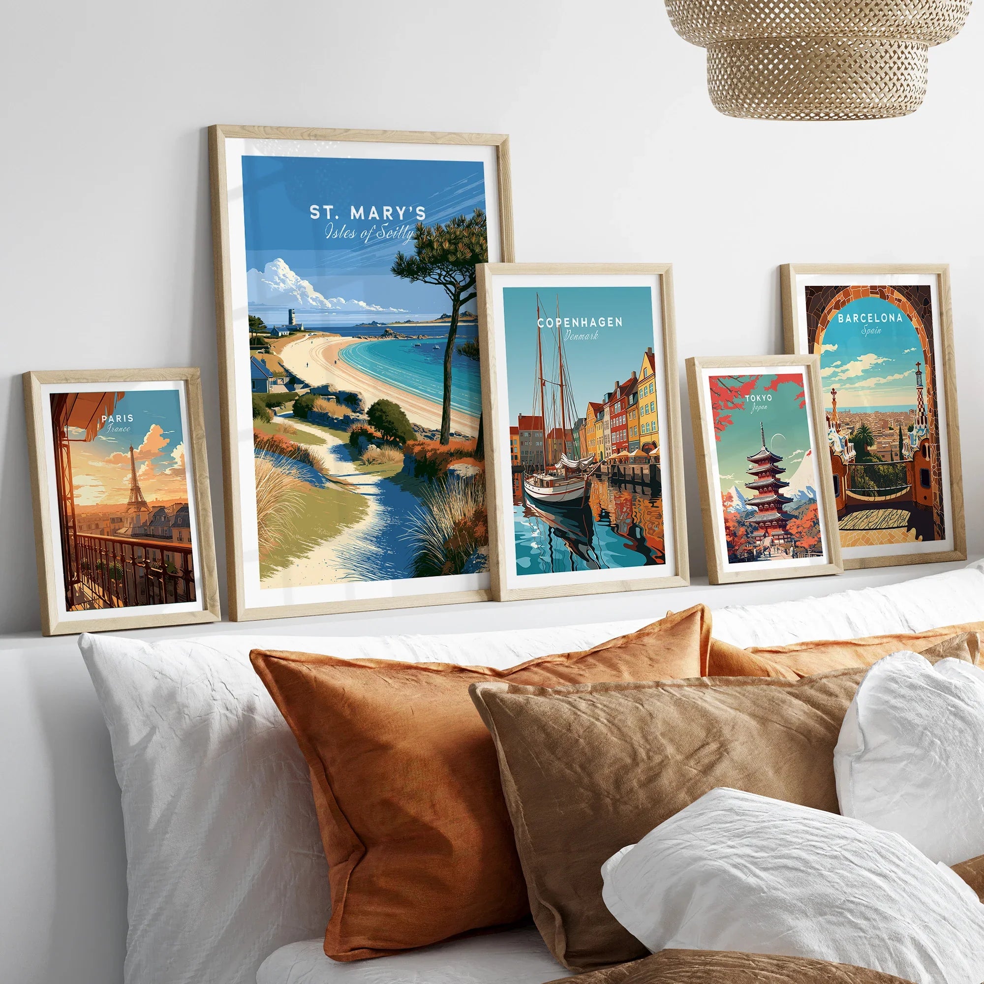 St Mary's Isles of Scilly Beach Travel Poster — set five framed artprints above bed natural wood frames