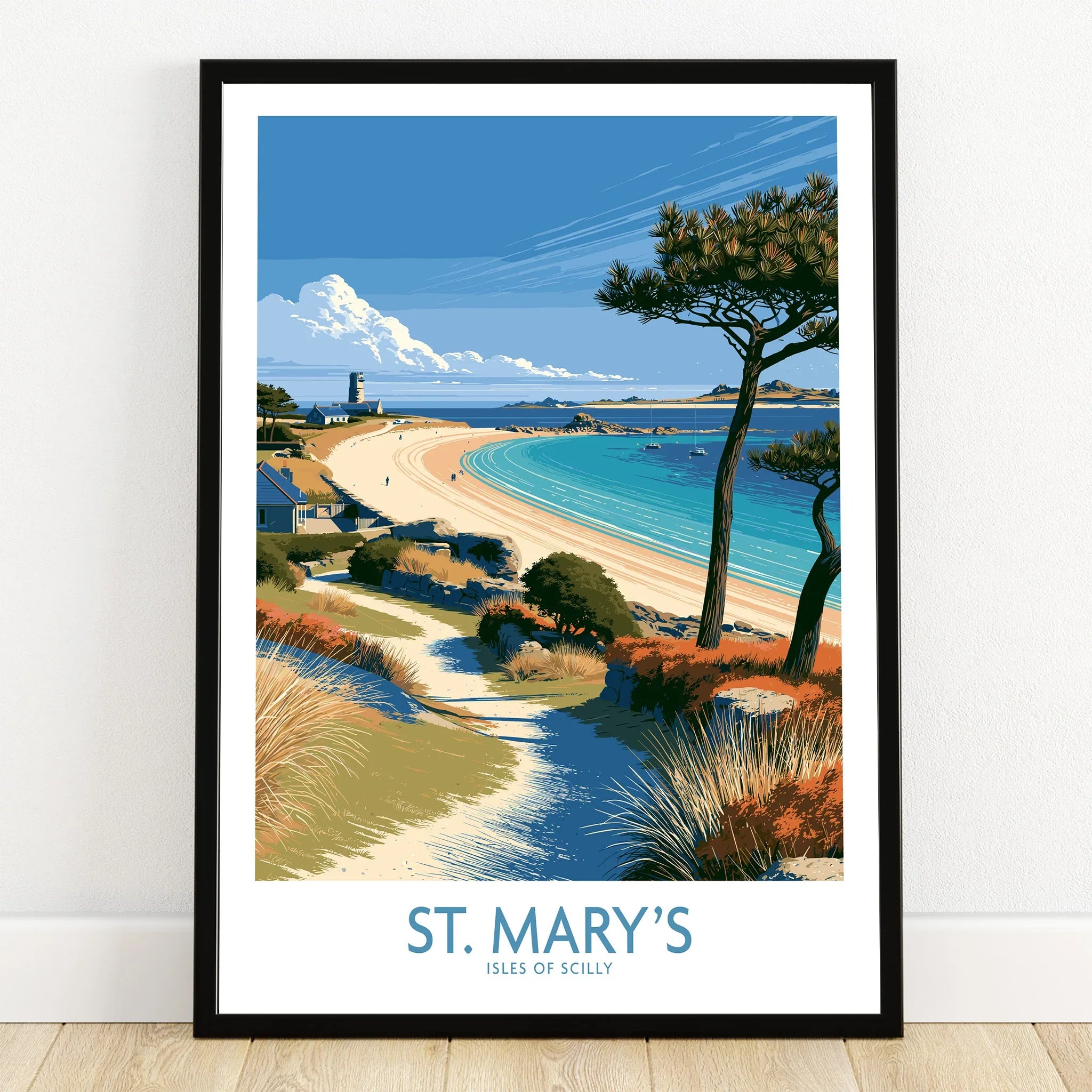 St Mary's Isles of Scilly Lighthouse Wall Art — art print in black frame on wooden floor