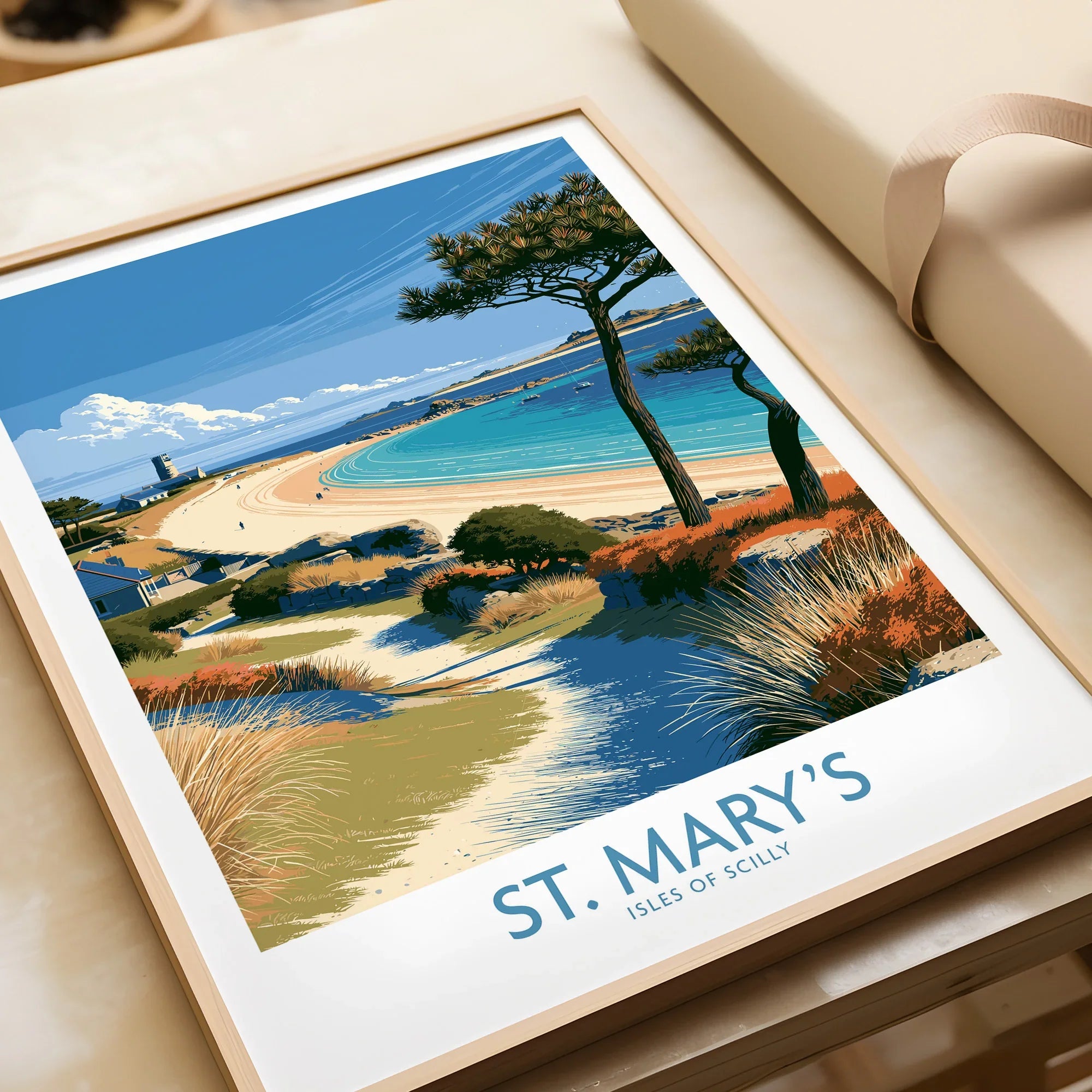 St Mary's Isles of Scilly Lighthouse Wall Art — framed art print closeup gift unwrapped natural frame