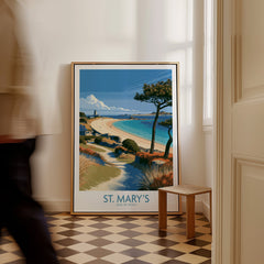 St Mary's Isles of Scilly Lighthouse Wall Art — framed canvas on floor man walking past