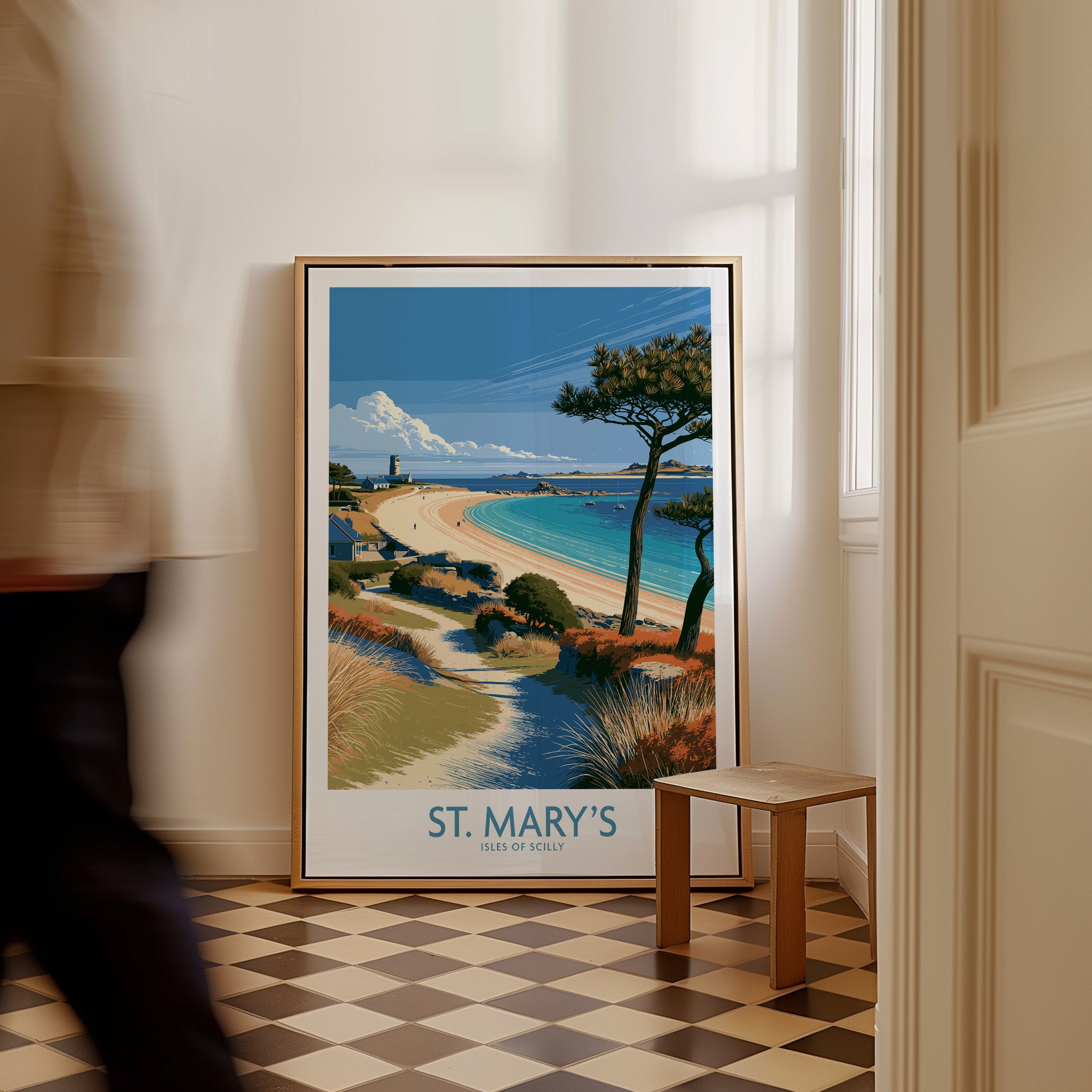 St Mary's Isles of Scilly Lighthouse Wall Art — framed canvas on floor man walking past