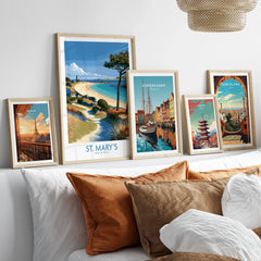 St Mary's Isles of Scilly Lighthouse Wall Art — set five framed artprints above bed natural wood frames