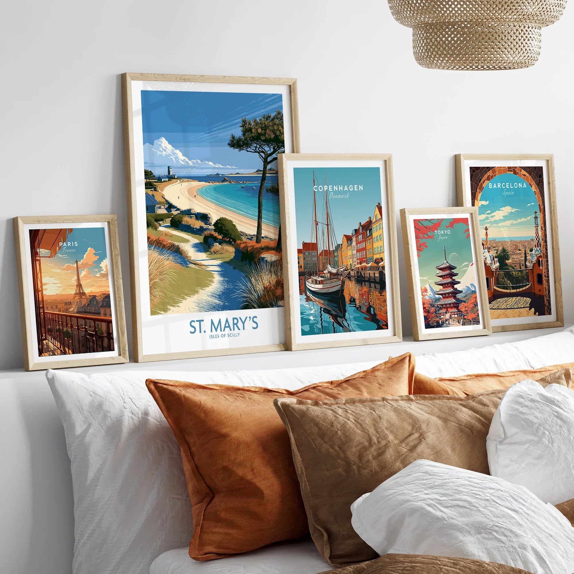 St Mary's Isles of Scilly Lighthouse Wall Art — set five framed artprints above bed natural wood frames