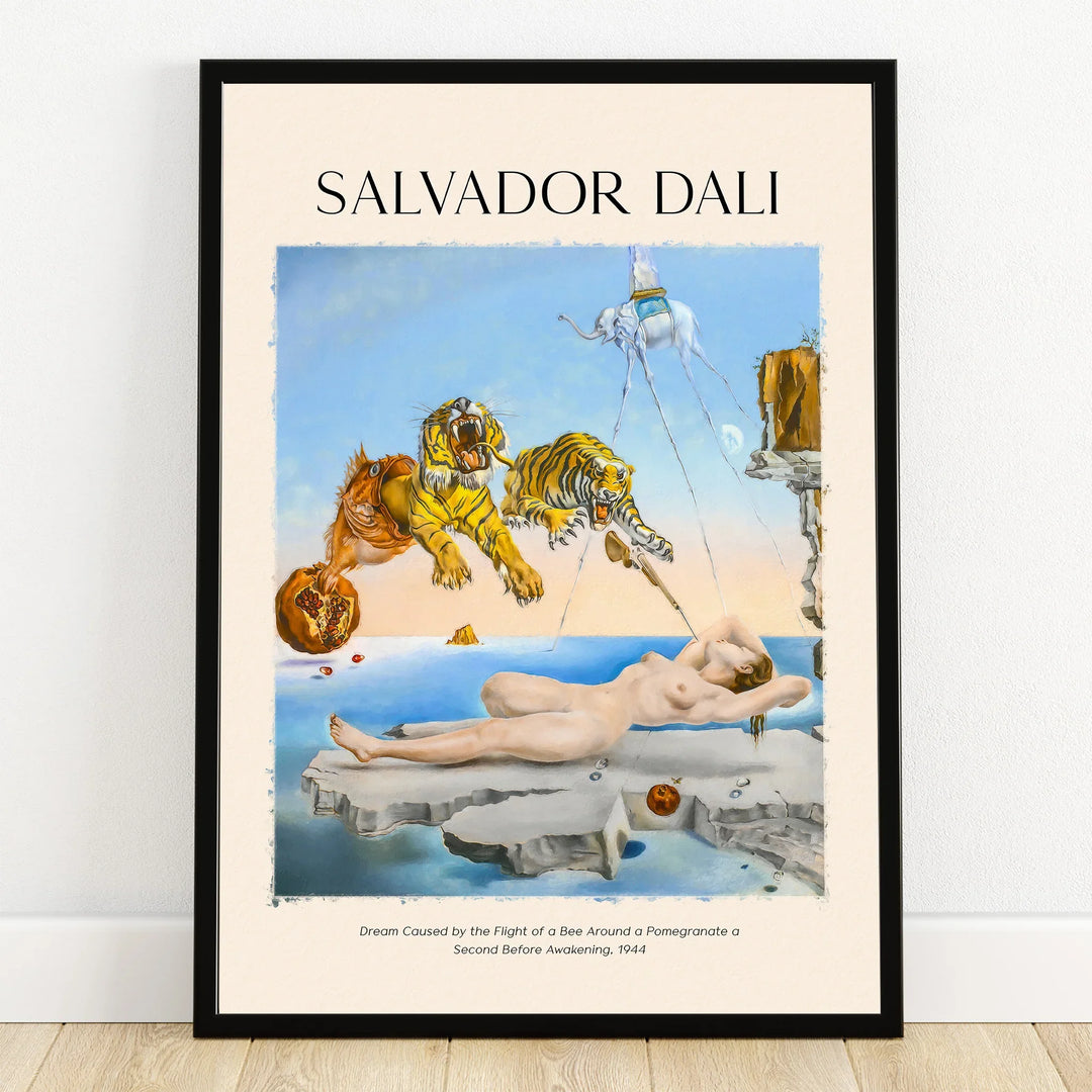 Framed wall art print of Salvador Dali's surreal dream scene with tigers and reclining nude.