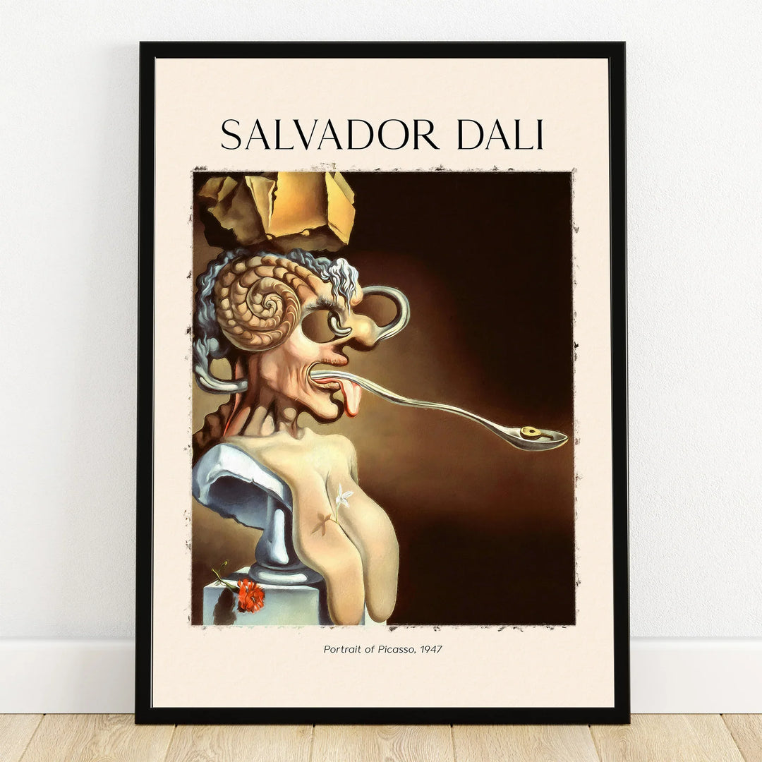 Framed Salvador Dali surreal art poster, portrait of Picasso with ram horns and long tongue