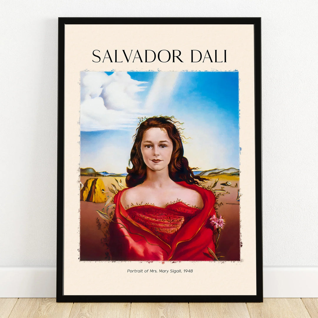 Salvador Dali wall art print, portrait of a woman in red dress against surreal landscape