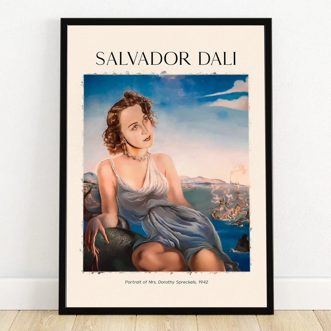 Framed Salvador Dali portrait art print featuring a woman in a flowing dress, surreal seascape background.