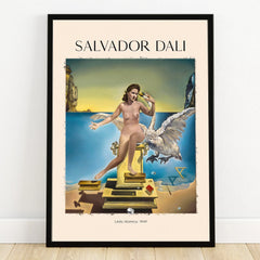 Framed Salvador Dali Leda Atomica 1949 art print with surreal nude female, swan, and seascape