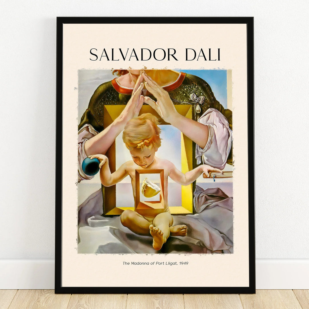 Framed Salvador Dali art print of The Madonna of Port Lligat, surrealist wall decor.