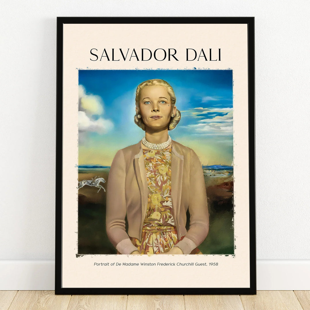 Framed Salvador Dali art print featuring a woman in a vintage dress with a landscape background.