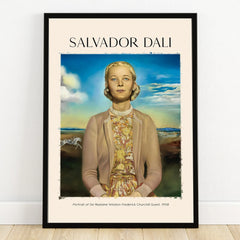Framed Salvador Dali art print featuring a woman in a vintage dress with a landscape background.