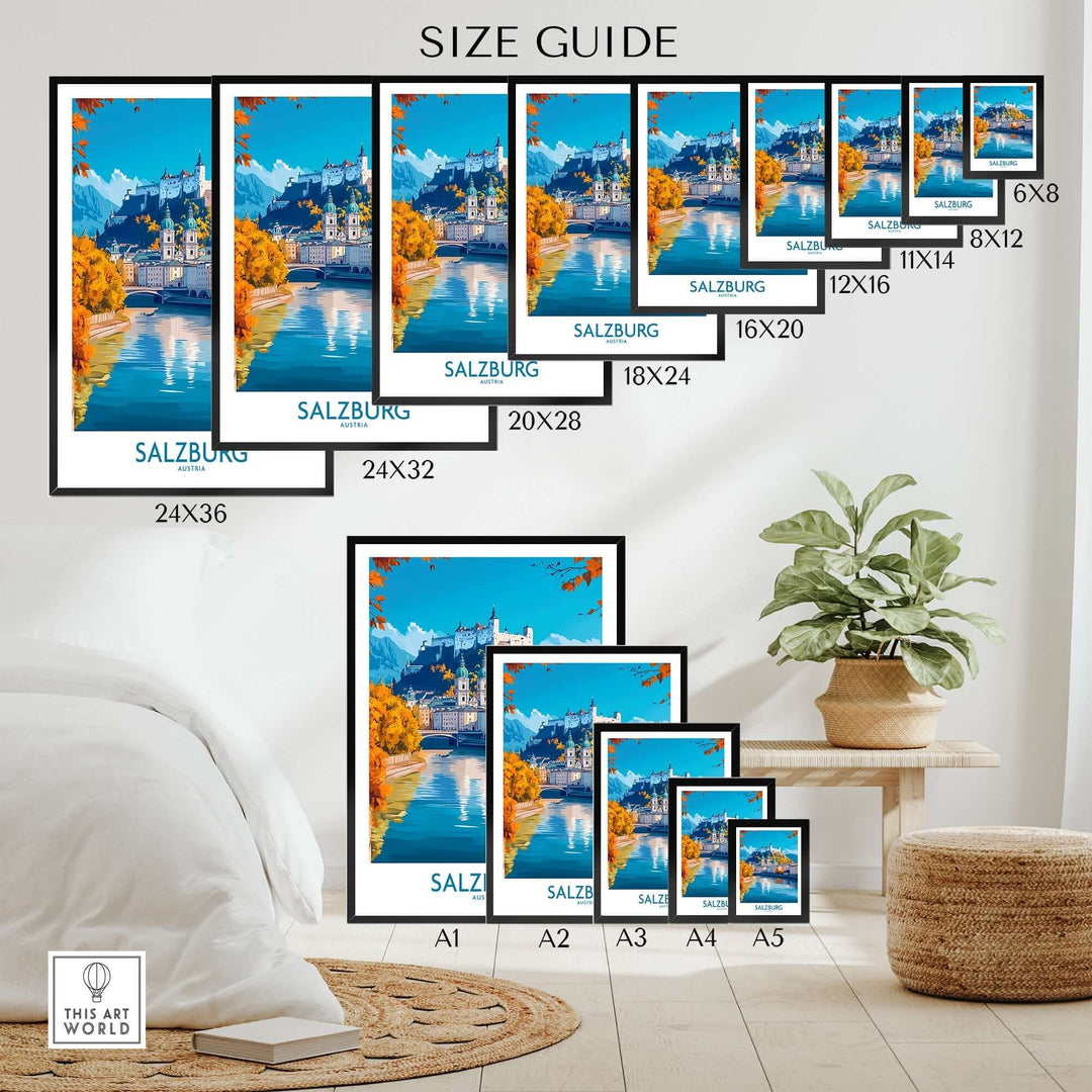 Size guide for Salzburg travel poster showcasing different frame sizes and design in a stylish interior setting.