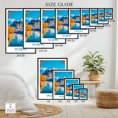 Size guide for Salzburg Travel Poster showcasing various dimensions available for printing.