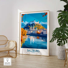 Salzburg Travel Poster featuring a scenic view of Salzburg, Austria with iconic landmarks and vibrant colors.