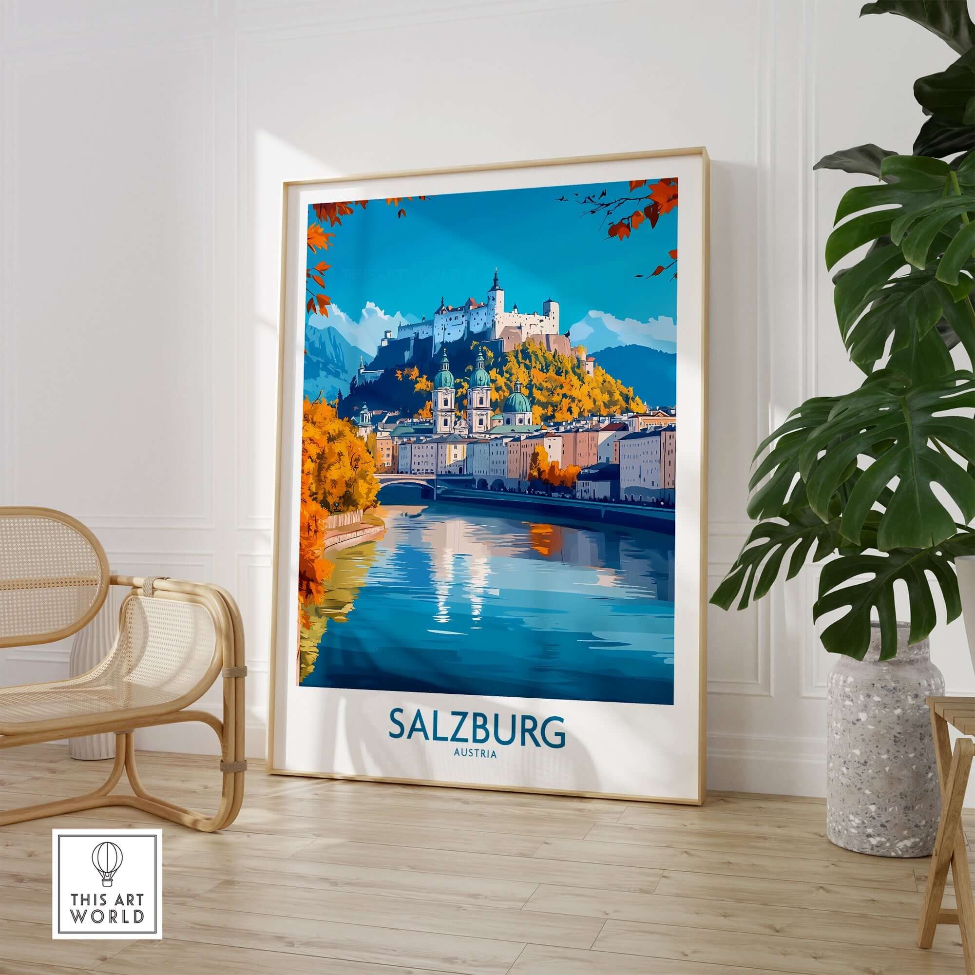 Salzburg Travel Poster featuring a scenic view of Salzburg, Austria with iconic landmarks and vibrant colors.