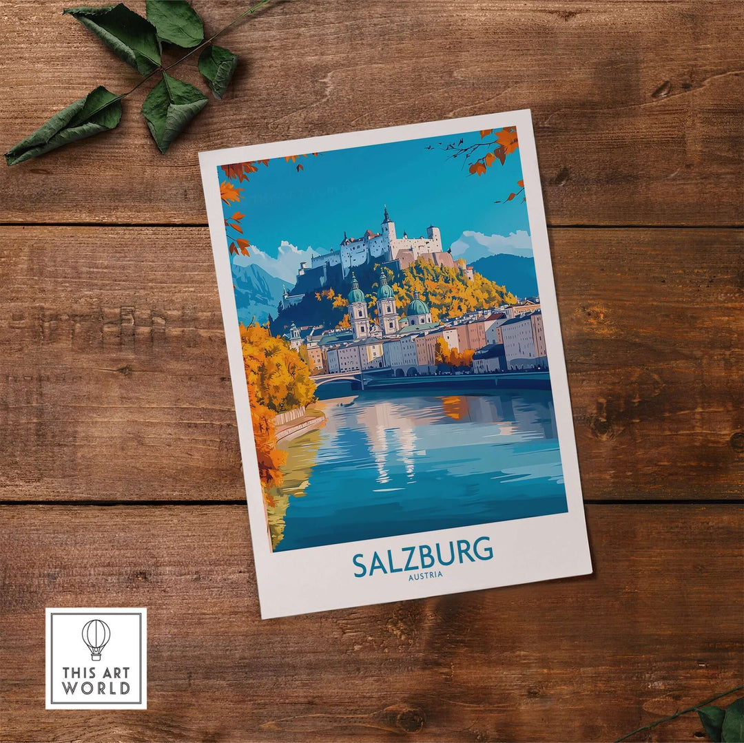 Salzburg travel poster featuring scenic view of the city and castle, perfect for home or office decor. Austria art print.