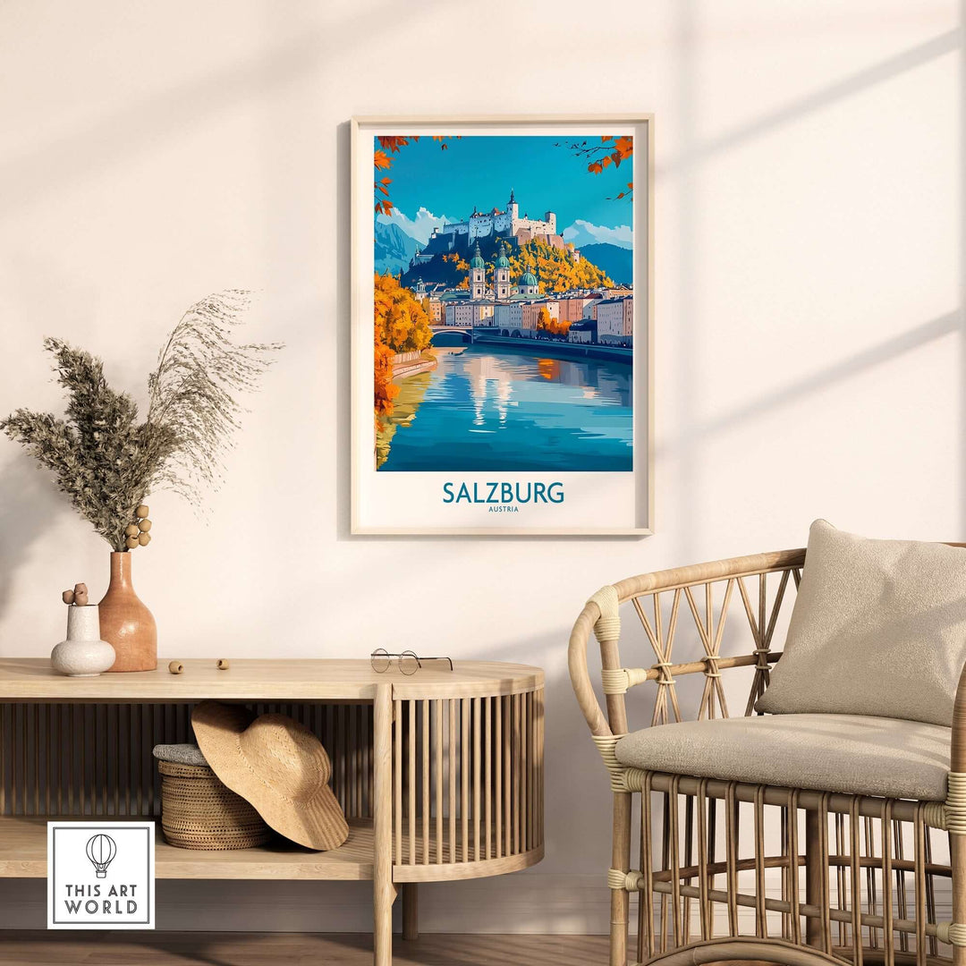 Salzburg travel poster showcasing iconic landmarks and stunning views, beautifully displayed in a modern interior setting.