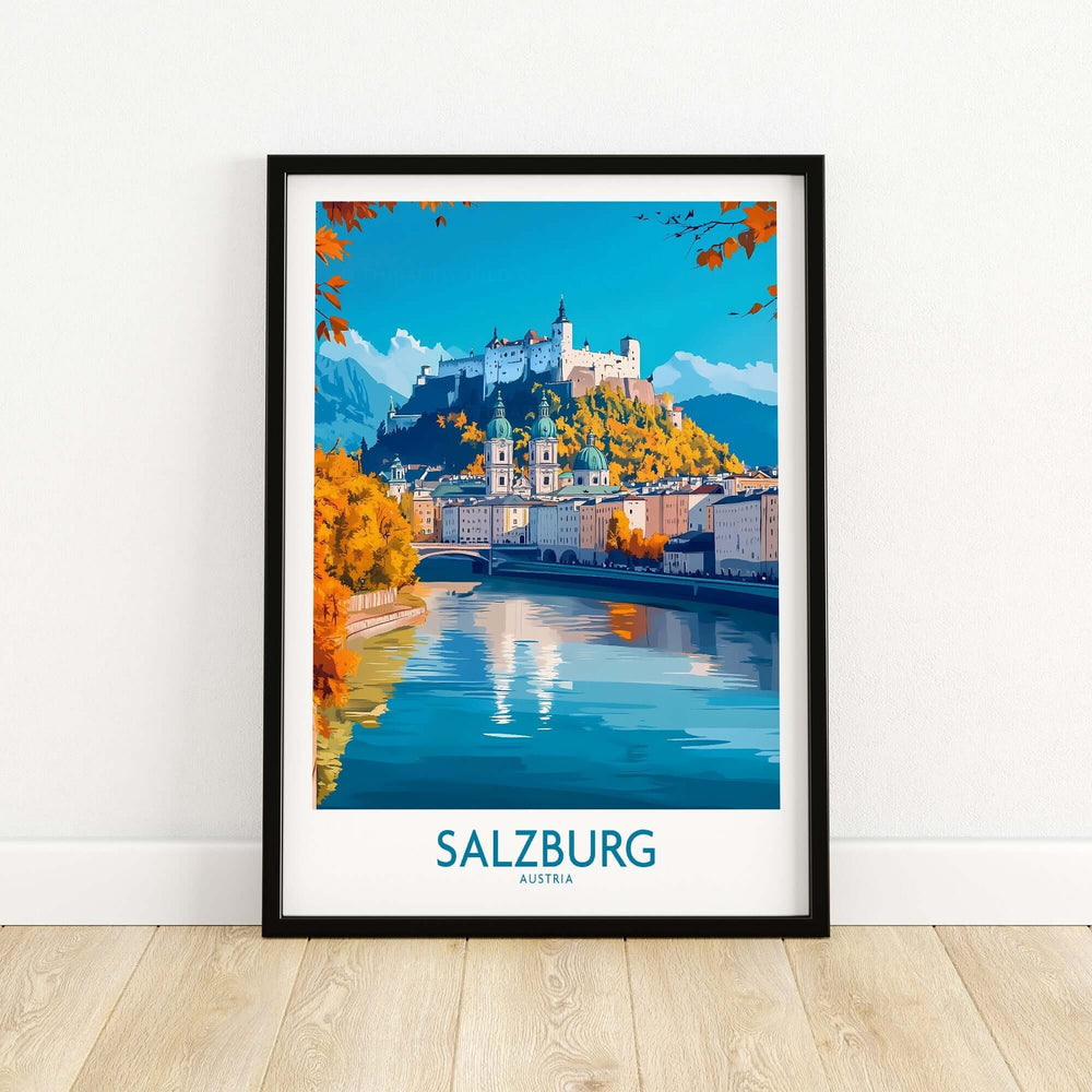 Salzburg travel poster featuring the city's iconic fortress and scenic river view, showcasing Austria's mesmerizing landscape.